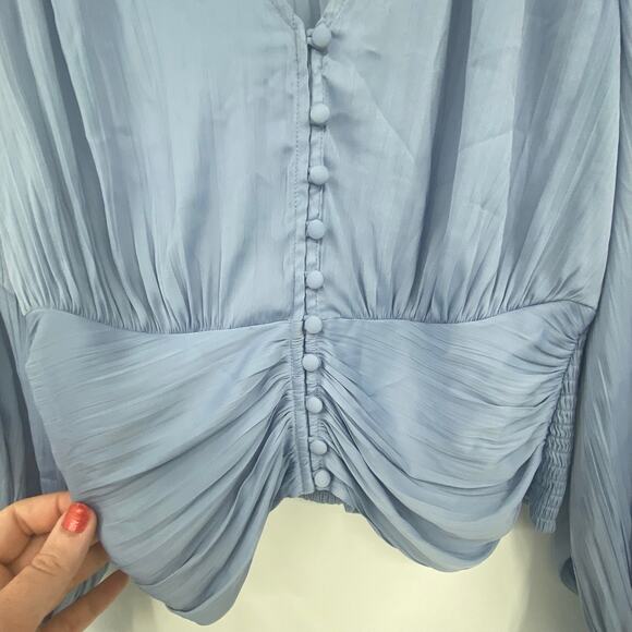 Anthropologie Women's Blue Silky Smocked Poet Sleeve Blouse Top Size Small - Picture 10 of 12